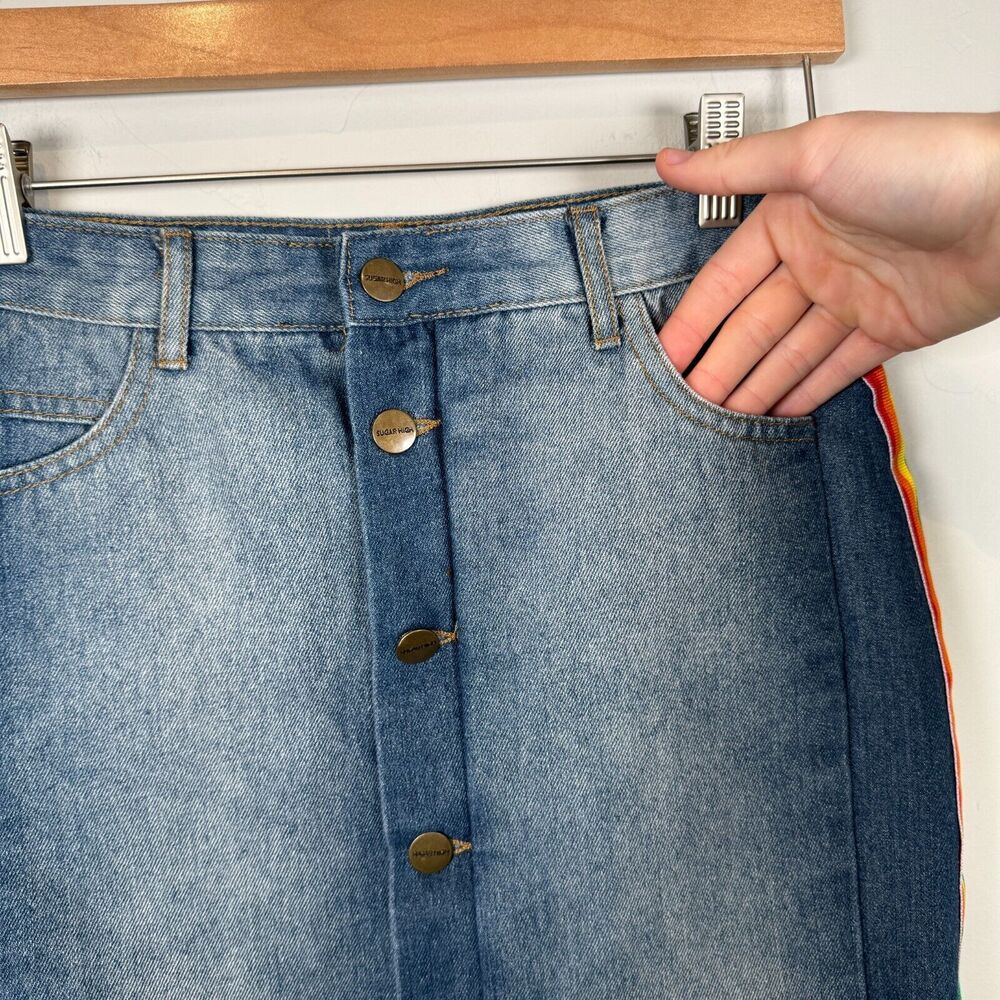 Sugarhigh‎ Jean Skirt Size 28 Rainbow Mini Skirt LGBTQ Pride Denim Distressed - Picture 5 of 10